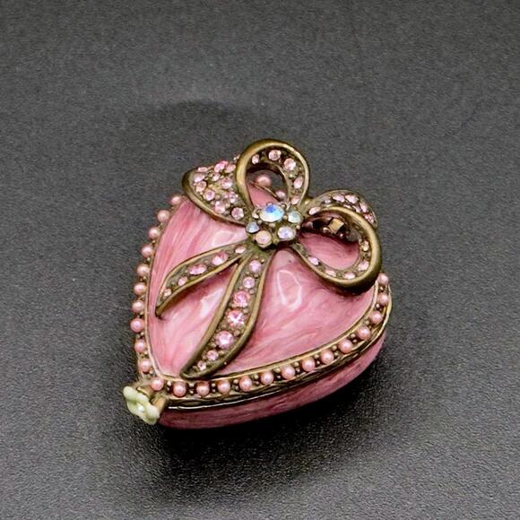 Other - 💖Luxury Pink Enamel Heart Trinket Box w/ Rhinestone Bow & Pearls Fabergé Style